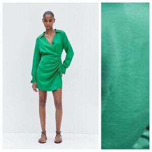 🌹NWT. Zara Green Satin Effect Wrap Mini Dress with V-neckline. Size L.